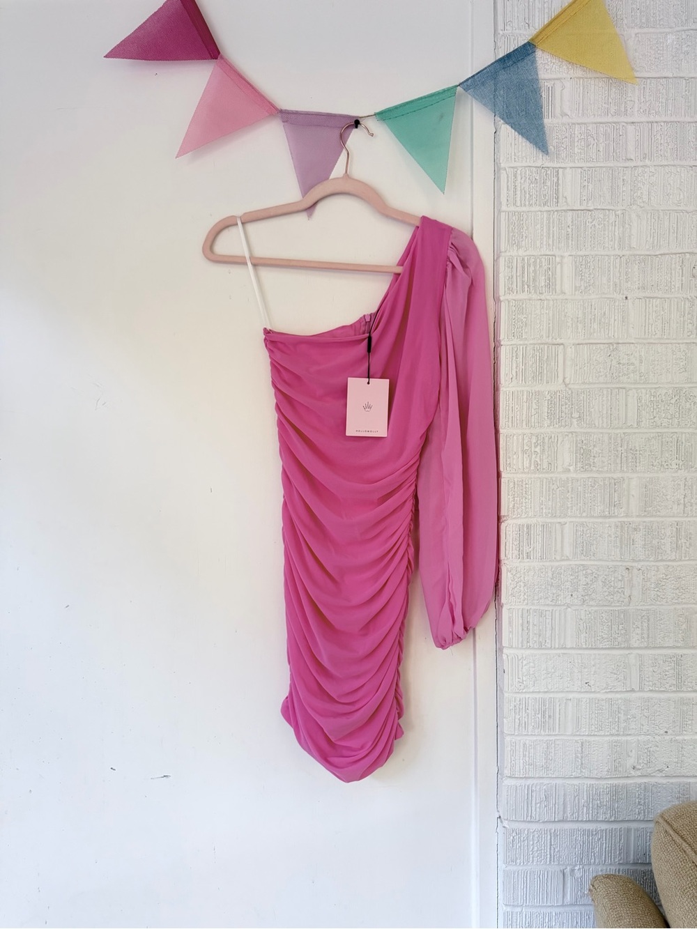 Hello Molly One-Shoulder Ruched Mini Dress in Fuchsia Pink - Picture 2 of 6